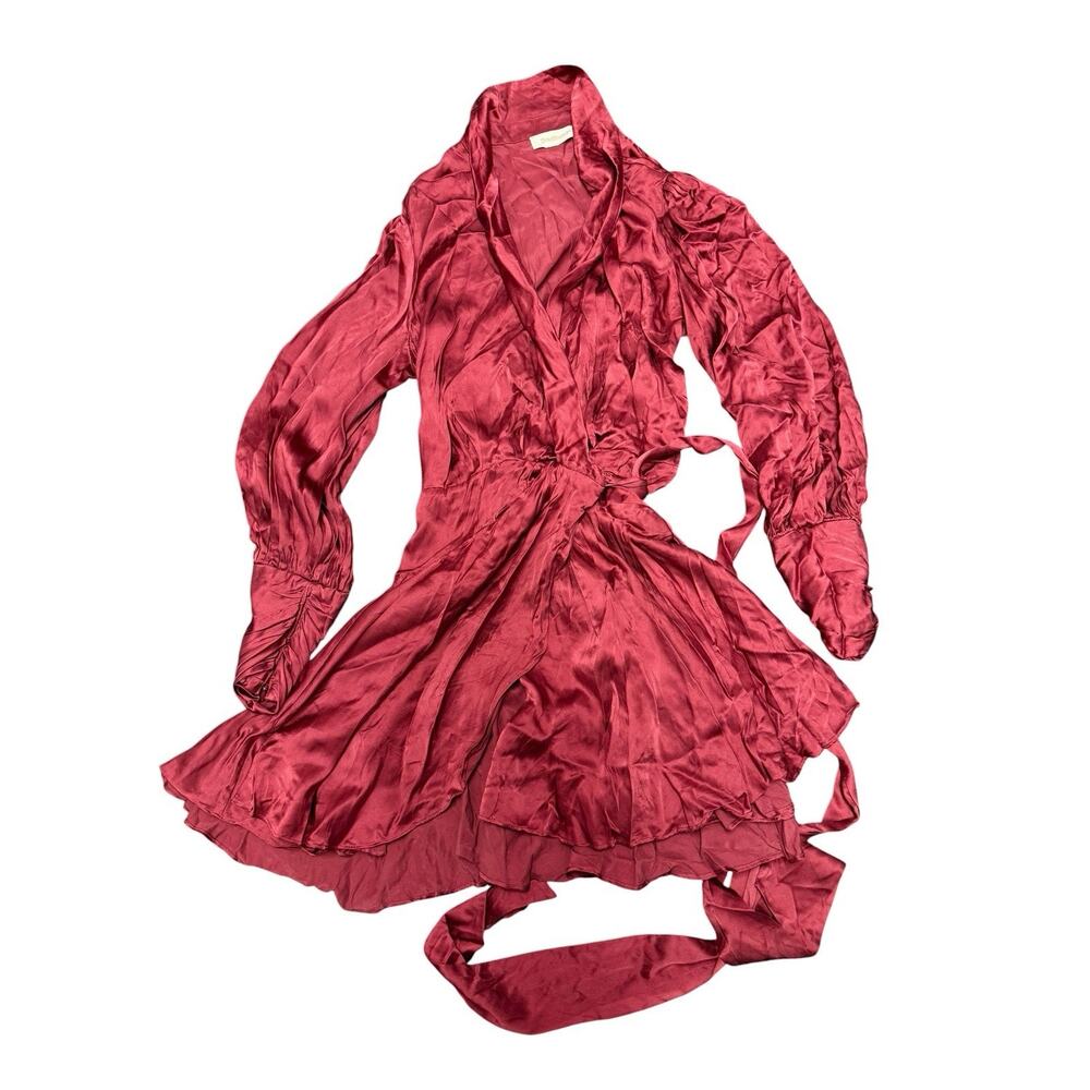 Zimmermann Silk Wrap Mini Dress Burgundy Long Sleeve Tie Waist US 8 (3) - Picture 7 of 16